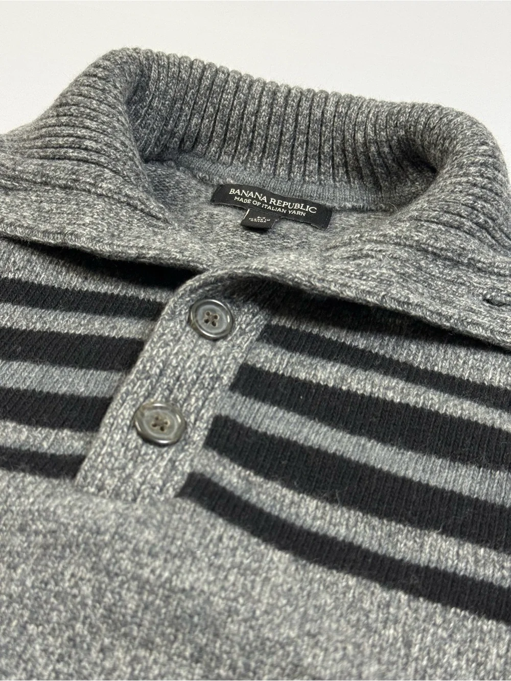 Banana Republic Merino Wool Button Mock Neck Sweater Gray Black Striped Medium